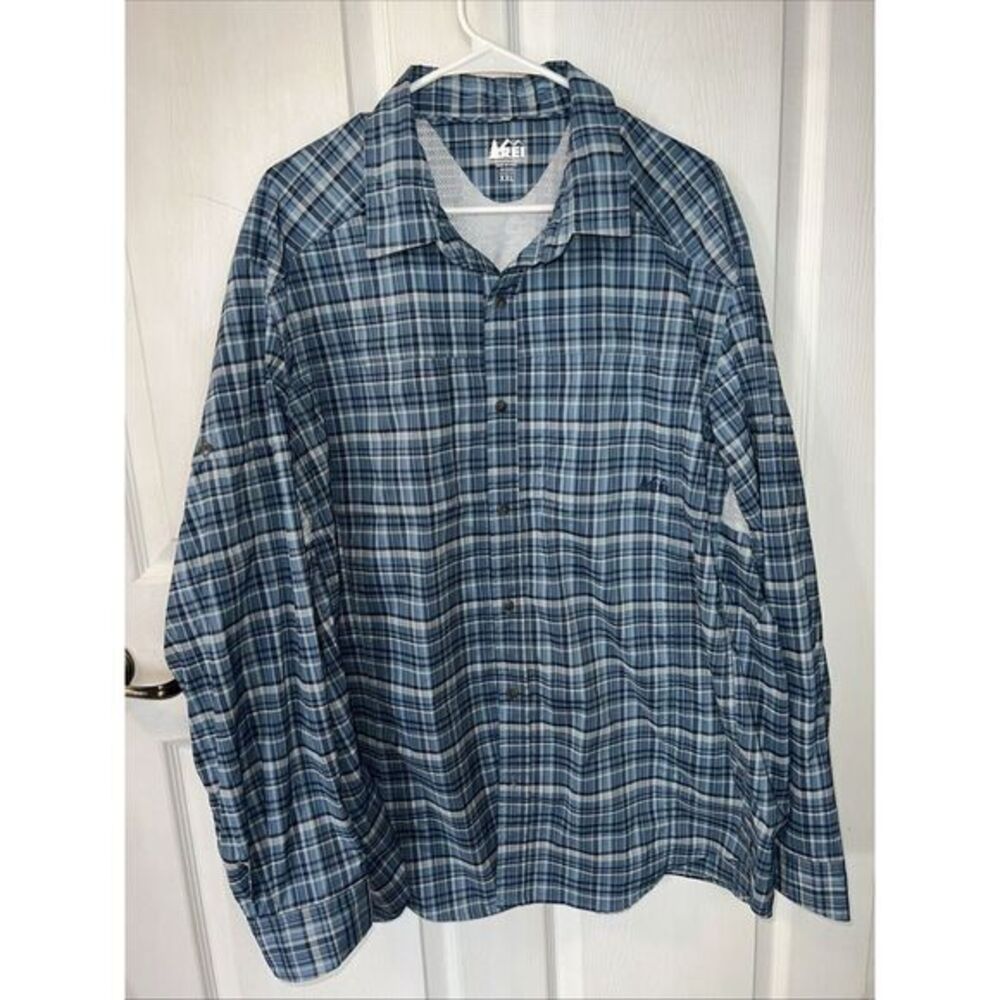 REI Co-op Shirt Men Size XXL Blue Plaid Performance‎ Long Sleeve UPF 50 Hiking